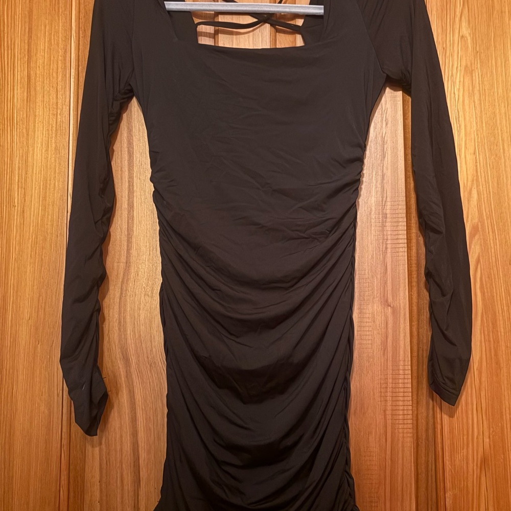 Elegant Long Sleeve Black Ruched Women’s Dress